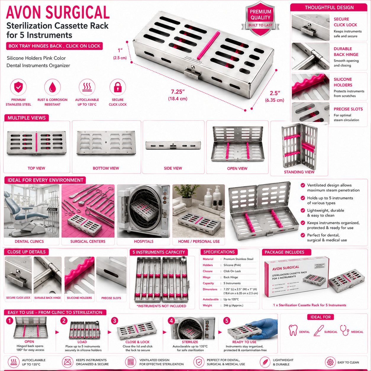 1PC GERMAN AUTOCLAVABLE STERILIZATION CASSETTE – HOLDS 5 INSTRUMENTS DENTAL PINK