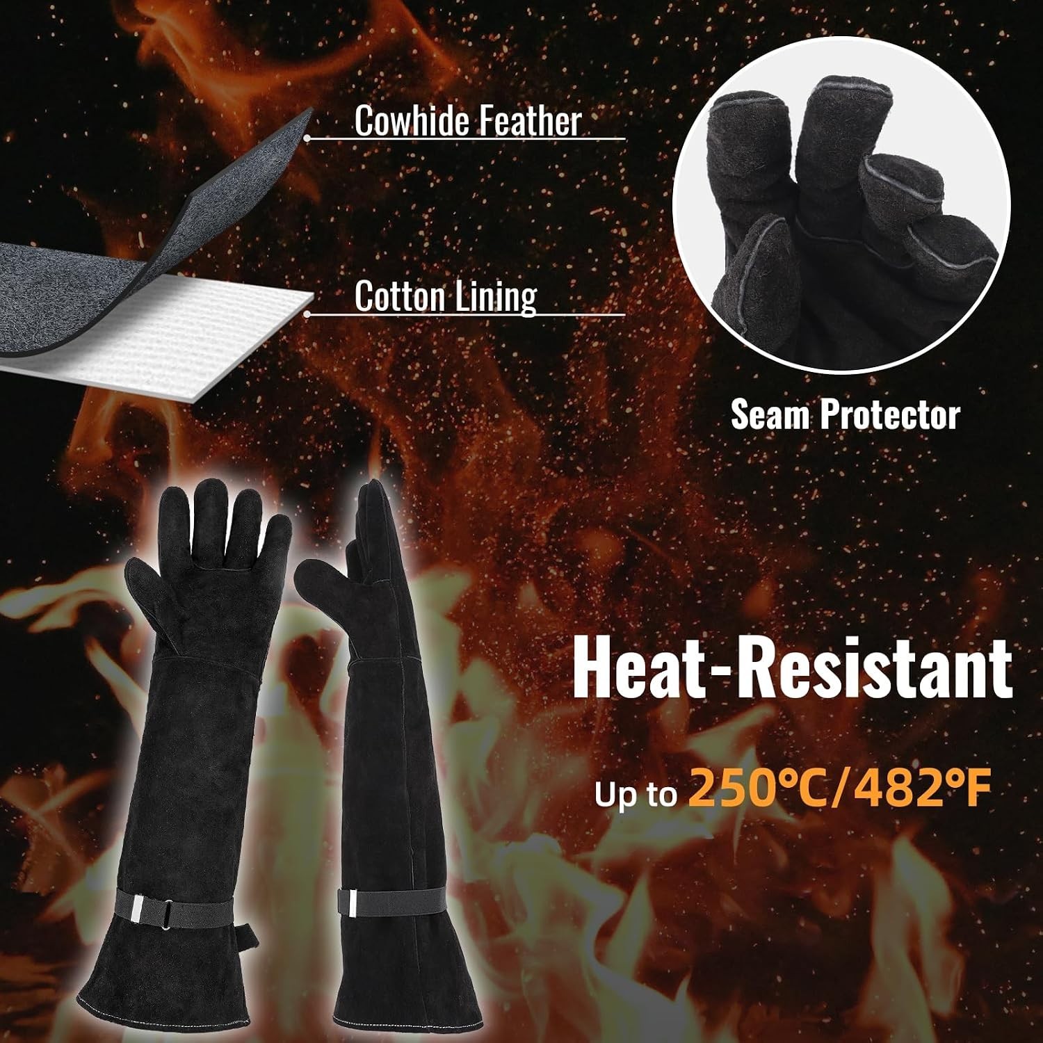 Multipurpose Leather Gloves 23.6 Inch Black for Animal Handling and Outdoor Use