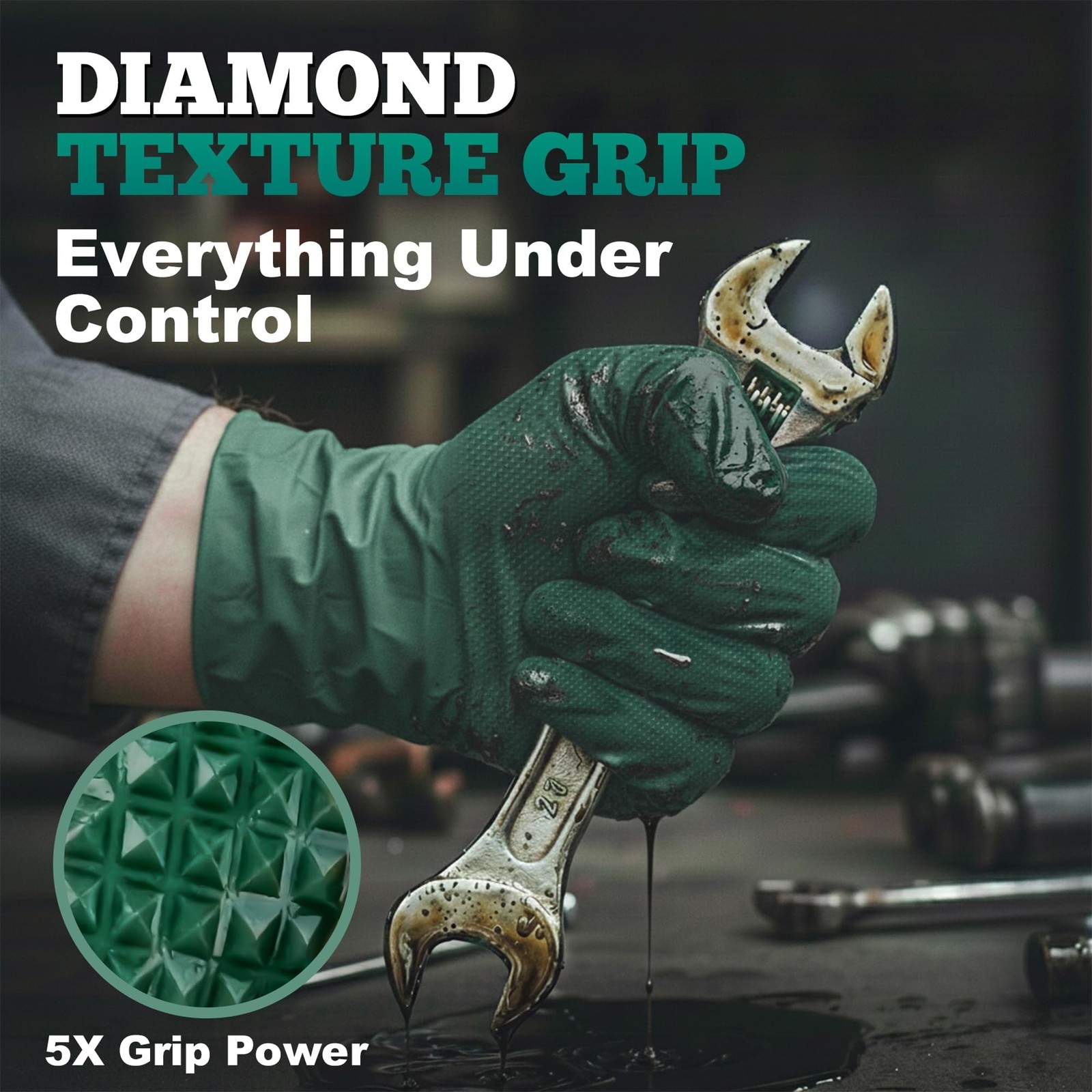 Titanflex Heavy Duty 8 Mil Nitrile Gloves Dark Green Raised Diamond Grip