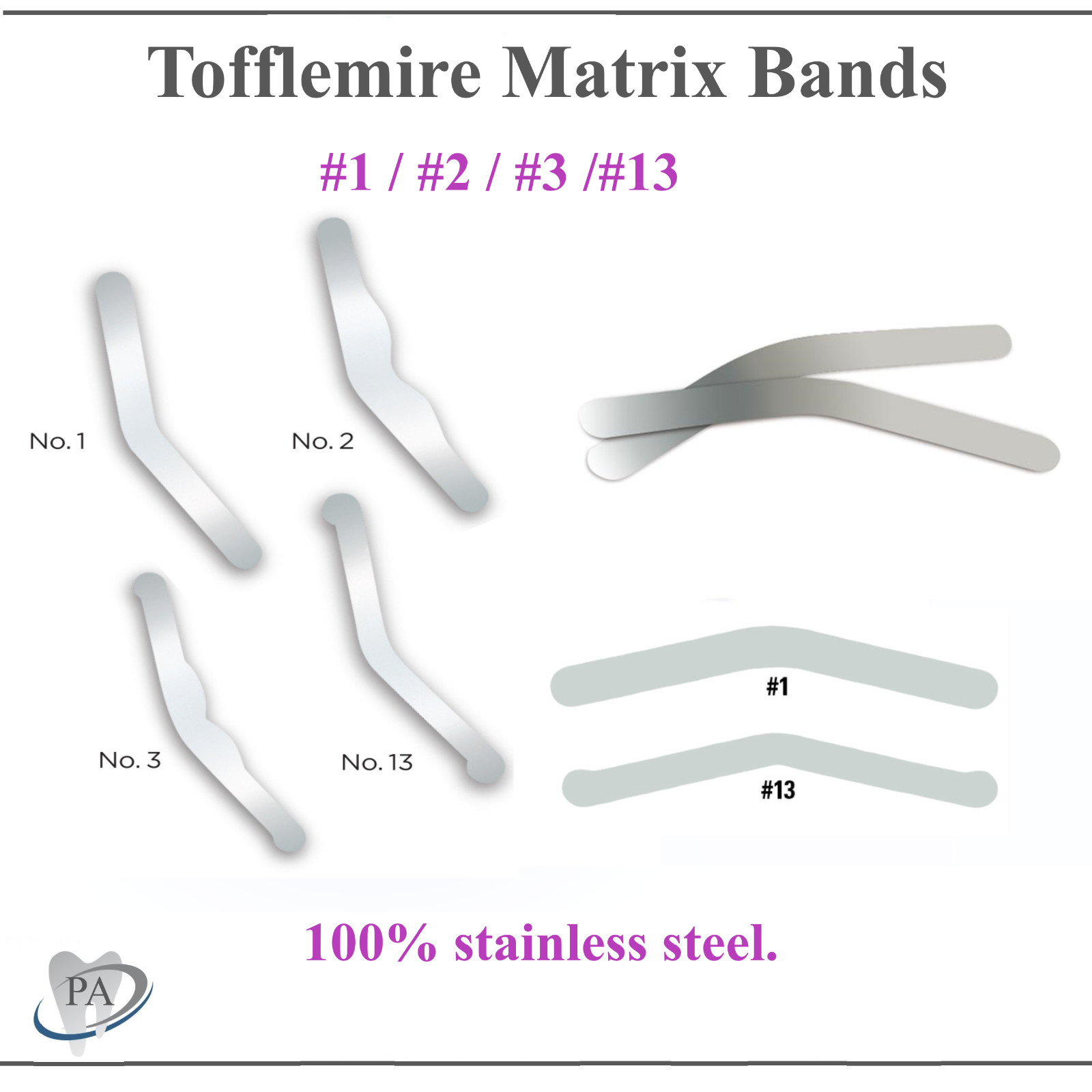 Dental Tofflemire Stainless Steel Matrix Bands #1, #2, #3, #4 – Upto 144/Pkg US