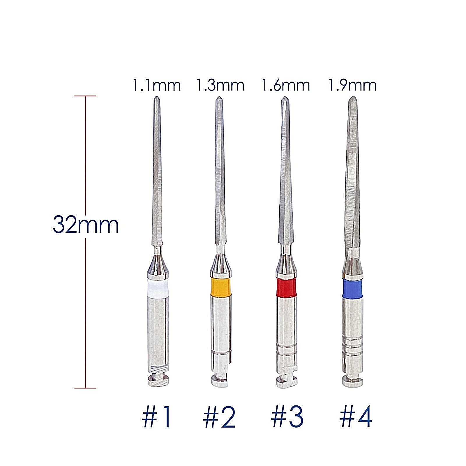 4/pk Dental Endodontic Endo Root Canal Fiber Post Drills 1.1mm 1.3mm 1.6mm 1.9mm