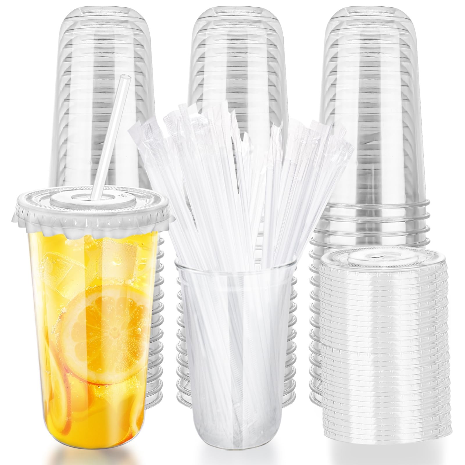 20oz Disposable Stemless Glasses with Flat Lids and 20 oz, Transparent