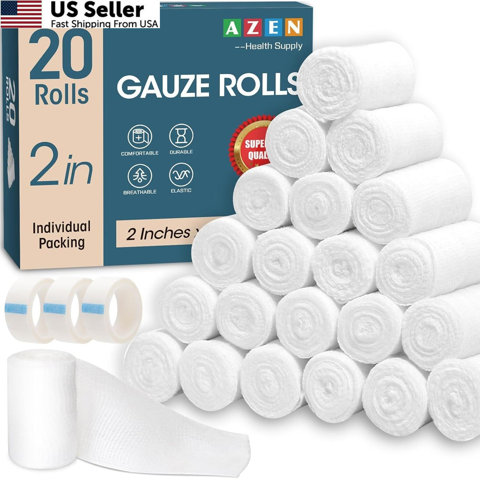 AZEN 20 Pack Gauze Rolls Bandages, 2 in x 4.1 Yards, Premium Medical 2IN, 20p
