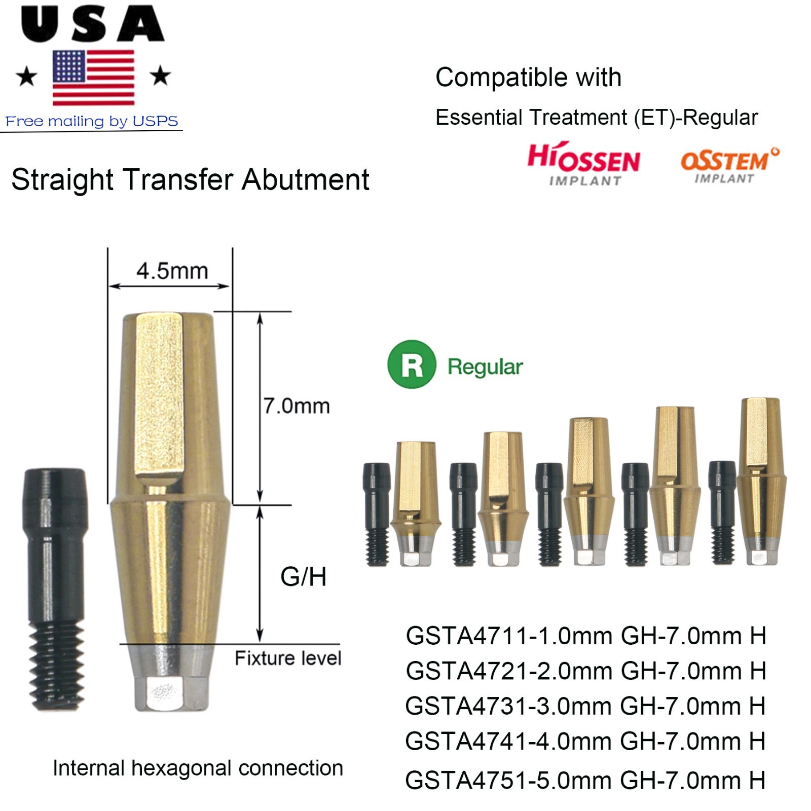 Hiossen Titanium Dental Regular Straight Abutment Hex Fit ET Ø4.5mm GH 1.0-5.0mm