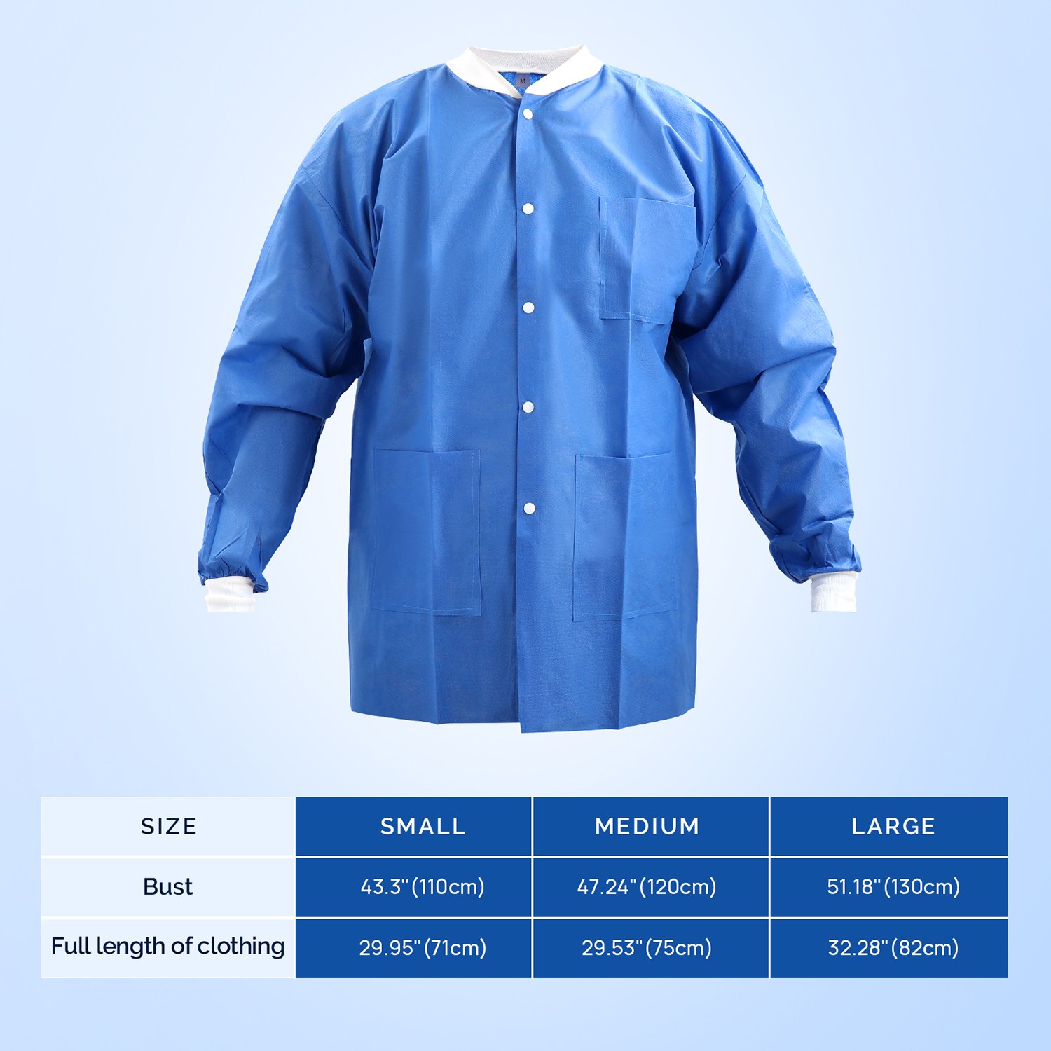 Disposable Medical Lab Jackets SMS 40G Hip Length with Pockets, Knit Cuff, S/M/L
