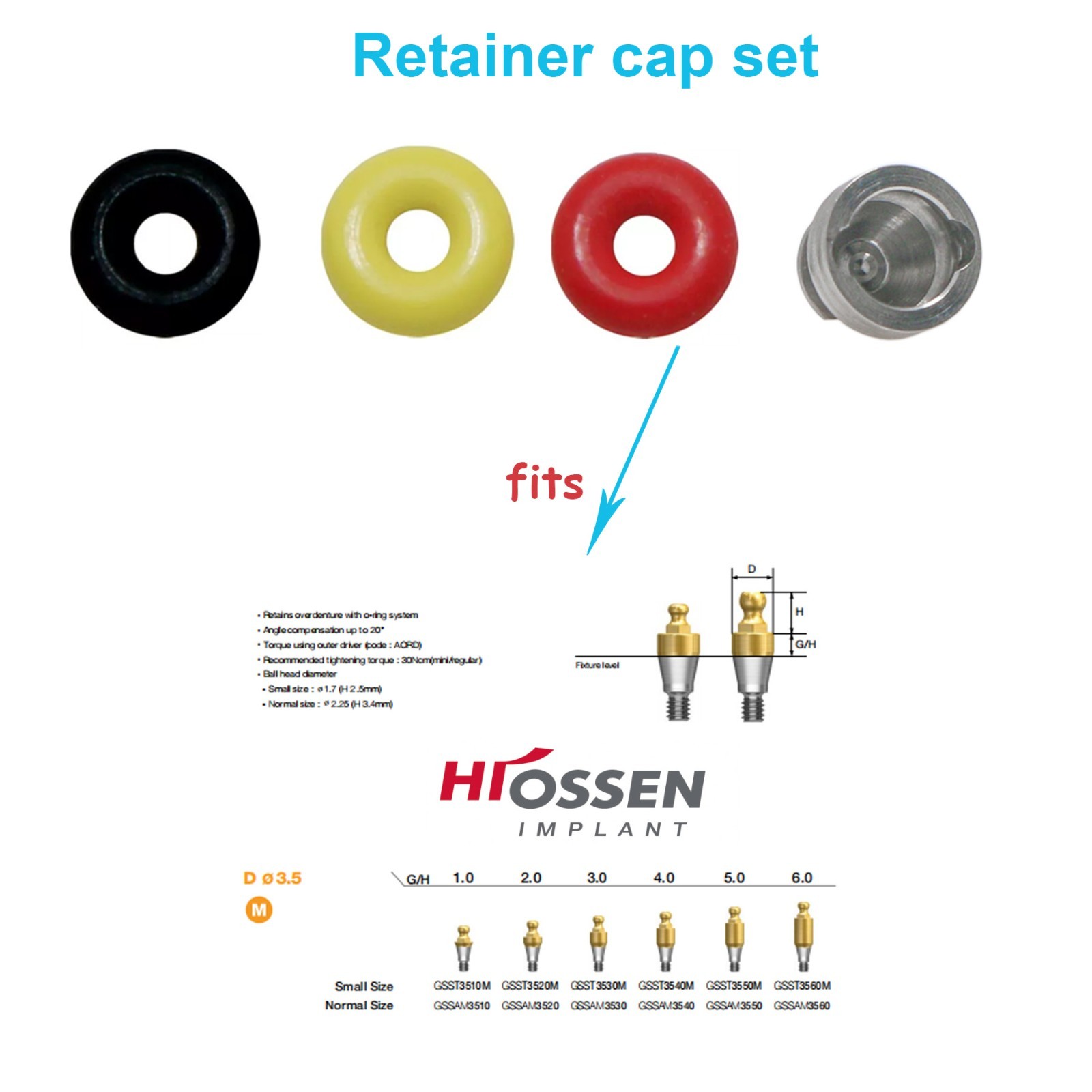 Dental Fit Hiossen/Osstem Implants Compatible Ball Abutment O-Ring Retention Cap
