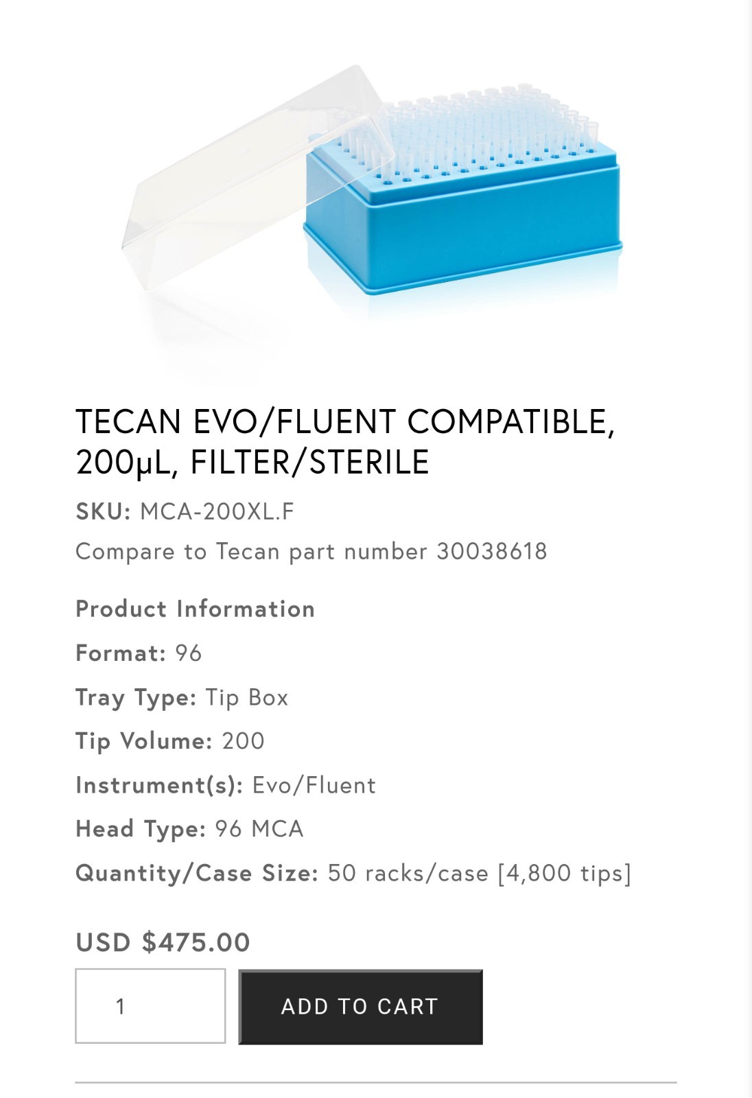 Case of 4800 pipette tips 200uL Tecan Fluent and Freedom EVO MCA96 by Fluotics