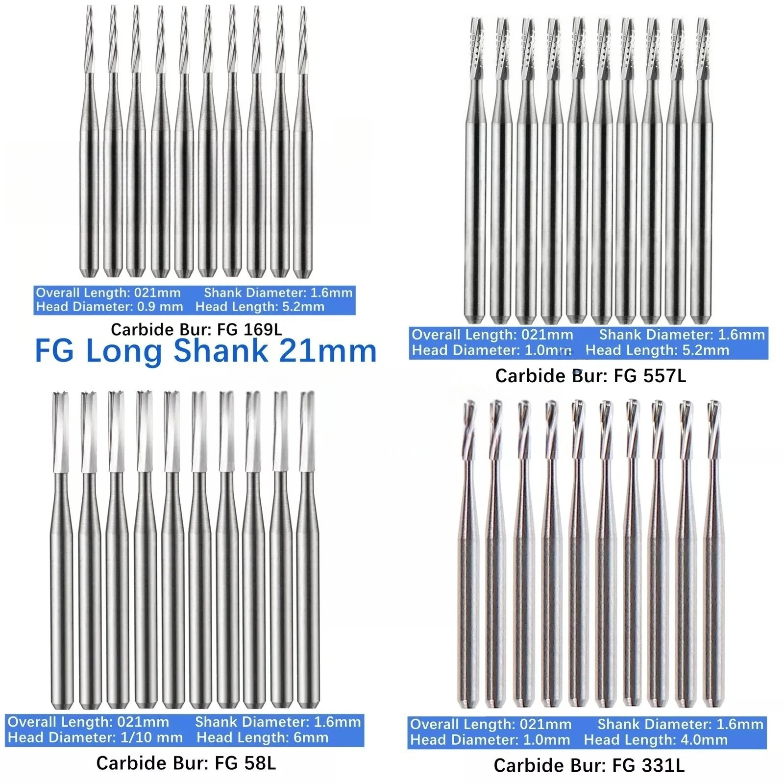 12 Types Dental Long Shank Friction Grip High Speed Tungsten Carbide Burs FG