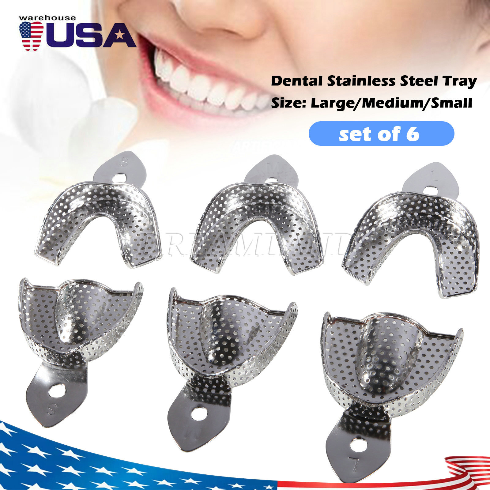 6 Pcs Perforated Metal Dental Impression Trays Set Edentulous Instruments