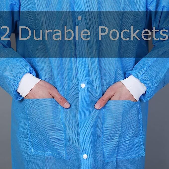 2 Pocket SMS 45 GSM Lab Coat Disposable Unisex Adult M/L High Quality 20 Pcs