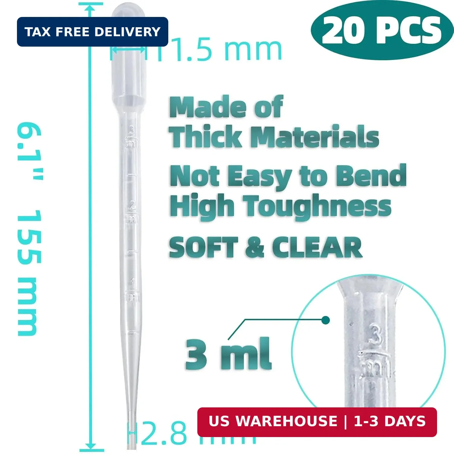 20 PCS 3ml Dropper Pipettes – Disposable for 3mL 20PCS