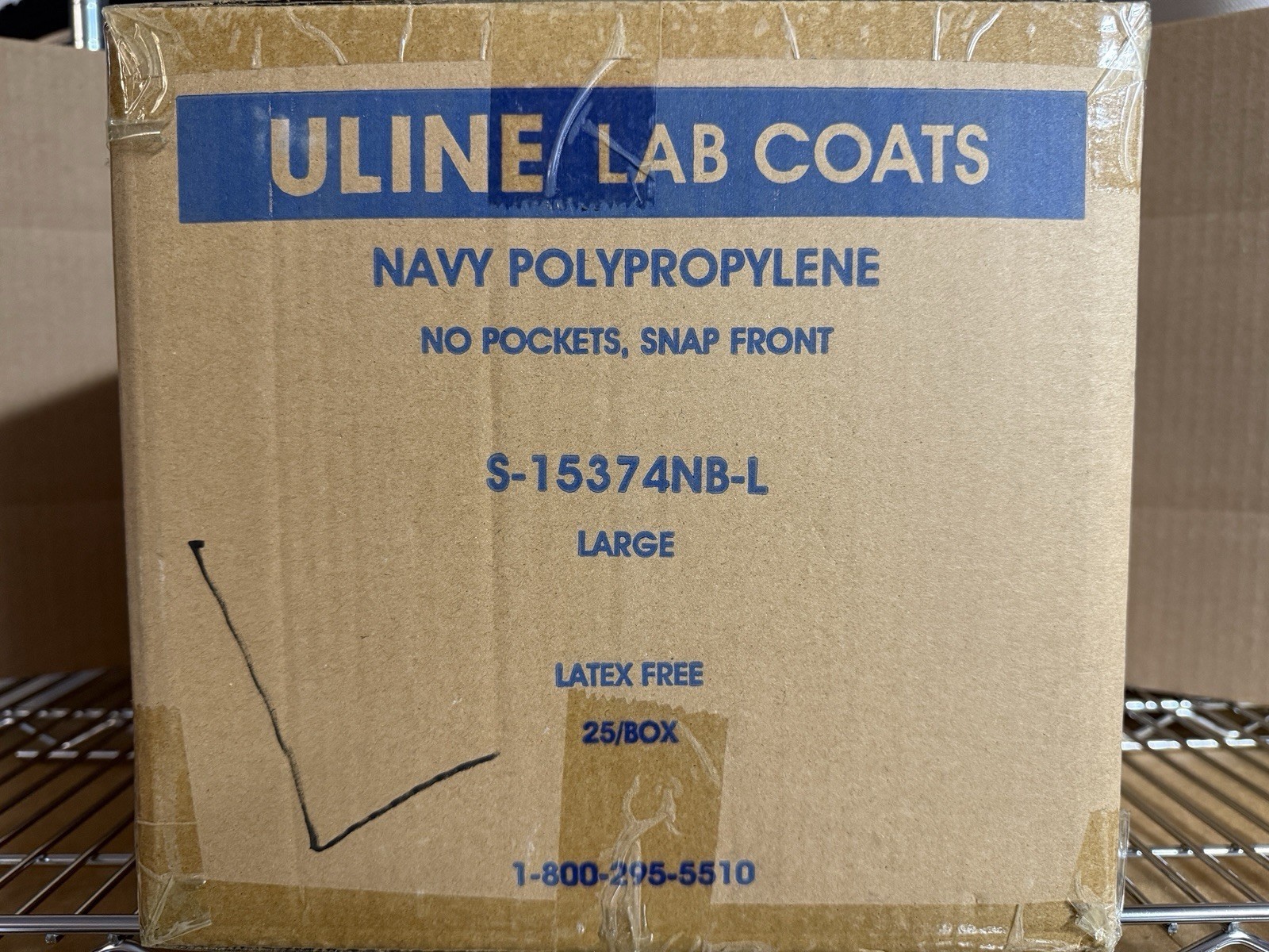 Uline Navy Polypropylene Lab Coats Large S-15374NB-L 25/Box Snap Front