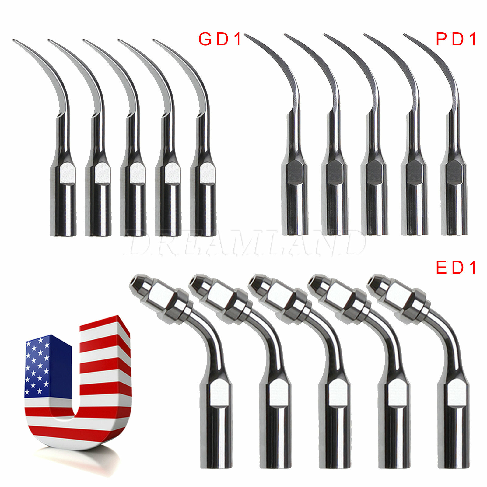 5Pcs GD1 ED1 PD1 Dental Ultrasonic Scaler Endo Perio Tips Fit DTE SATELEC
