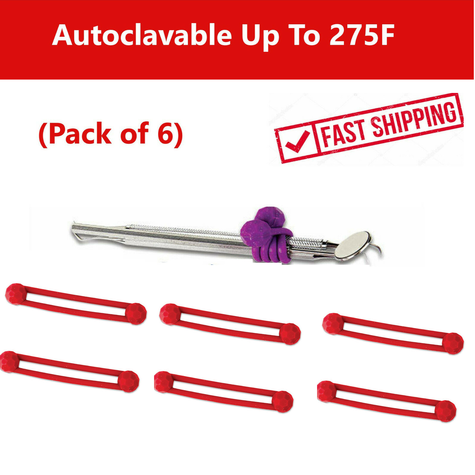 Pro-Ties Dental Instrument Silicone Ties Autoclavable Up To 275F, Red, 6/Pack