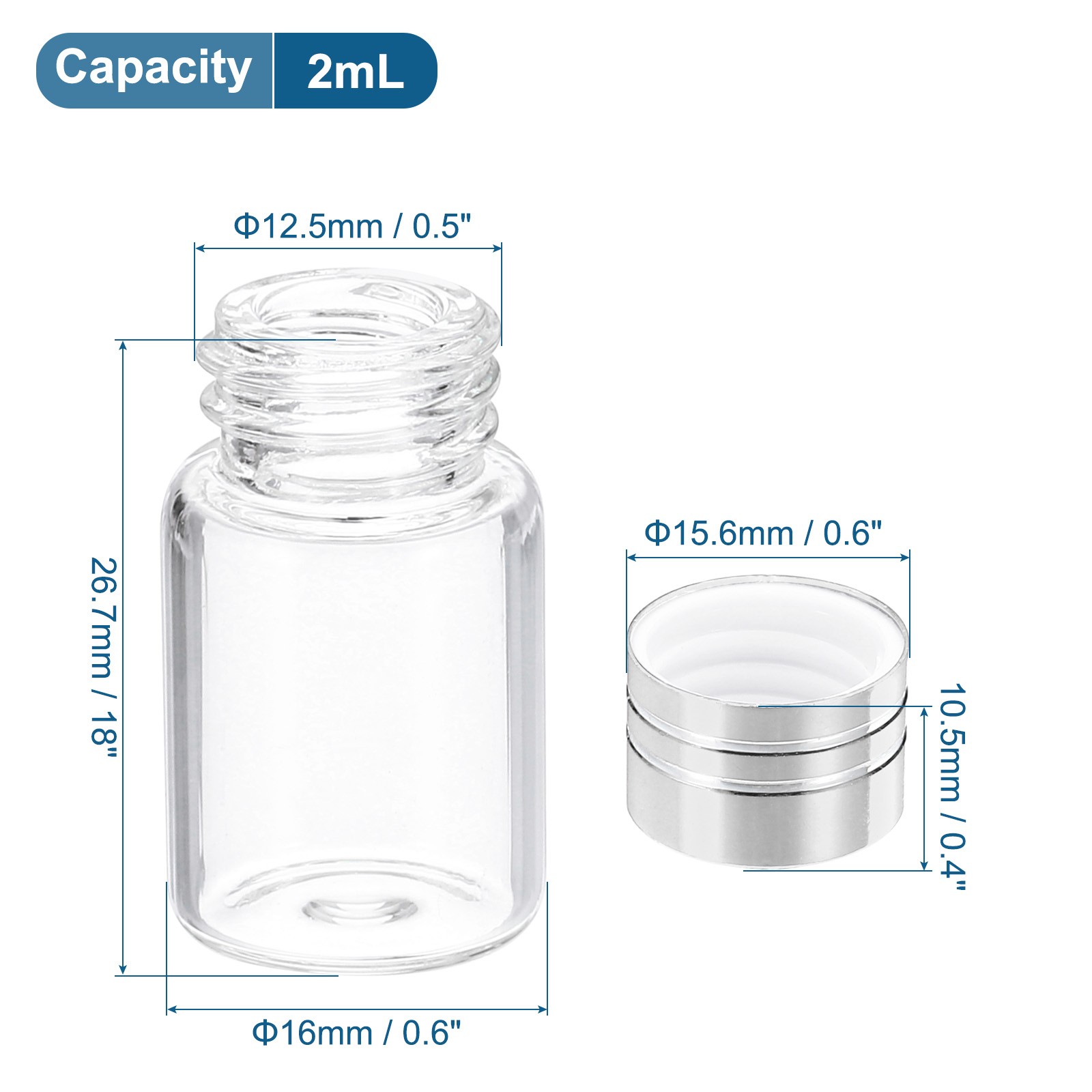 100Pcs 2ml Tiny Glass Bottles Vials Mini Clear Bottles Glass Screw Cap Silver