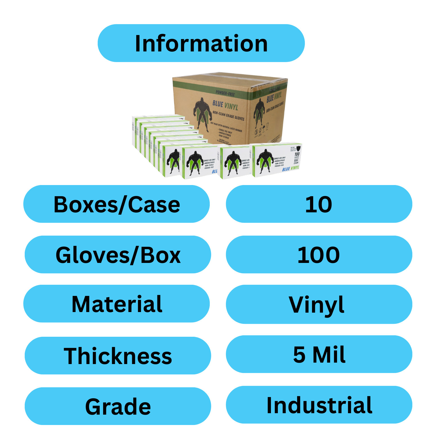 5 MIL Powder Free Non-Latex Vinyl Disposable Gloves, Blue,X-Large, 2000 Pairs
