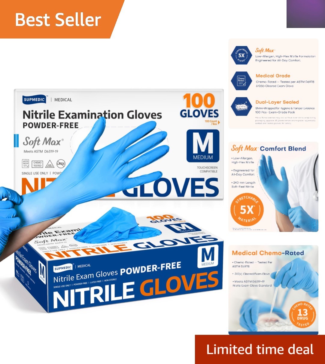 Ambidextrous Blue Nitrile Exam Gloves – 100 Count, Ideal for Medical & Food Prep