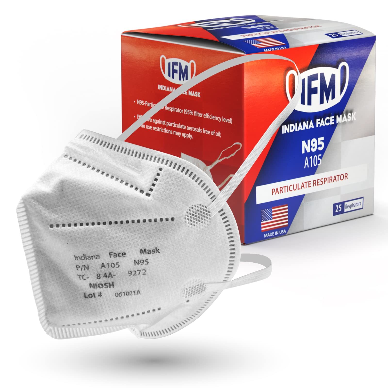 Box of 25 N95 Respirators Individually Packaged NIOSH Approved Made in USA