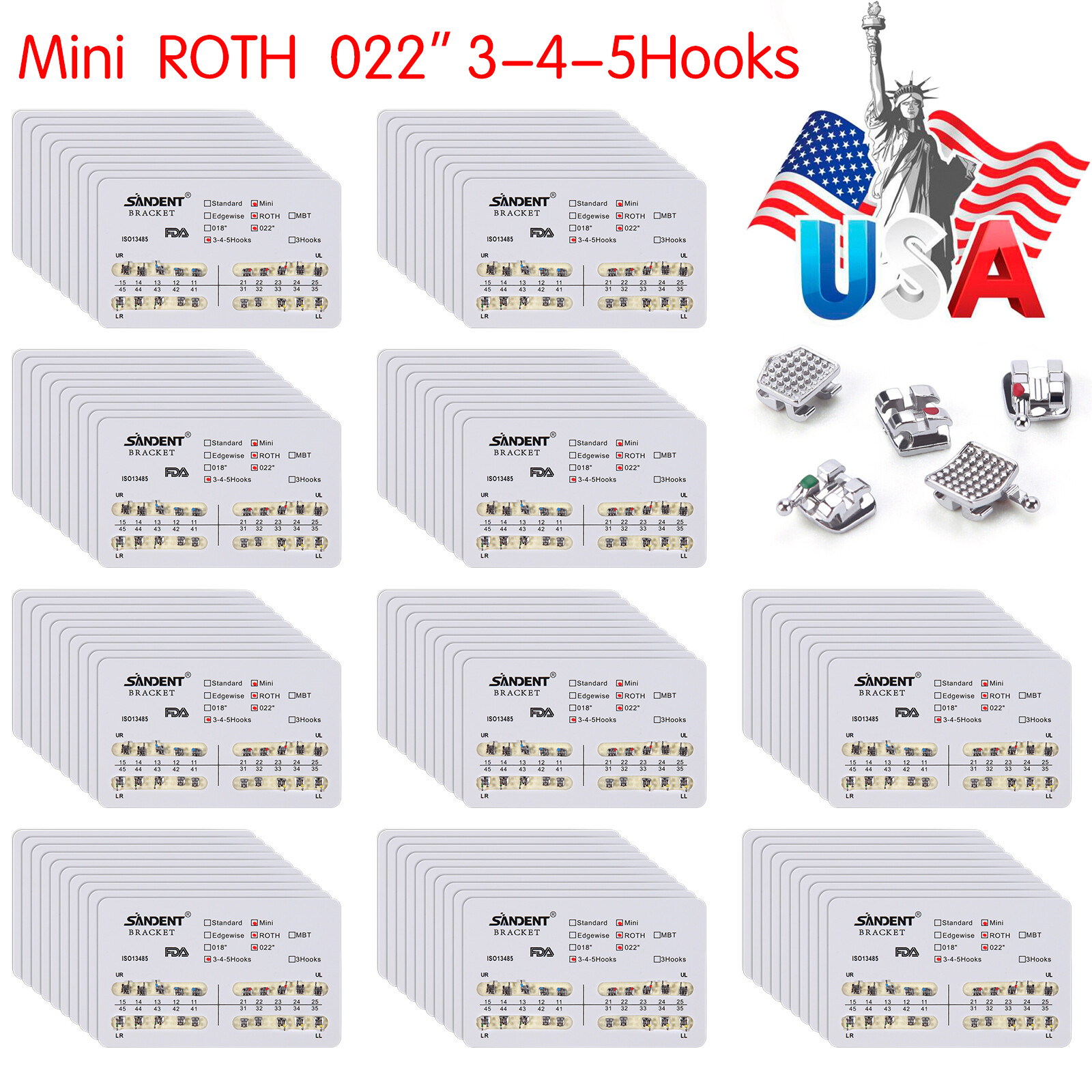 100 Packs Orthodontic Mini Roth 022 Hooks 3 4 5 Brackets Braces Metal FDA & CE