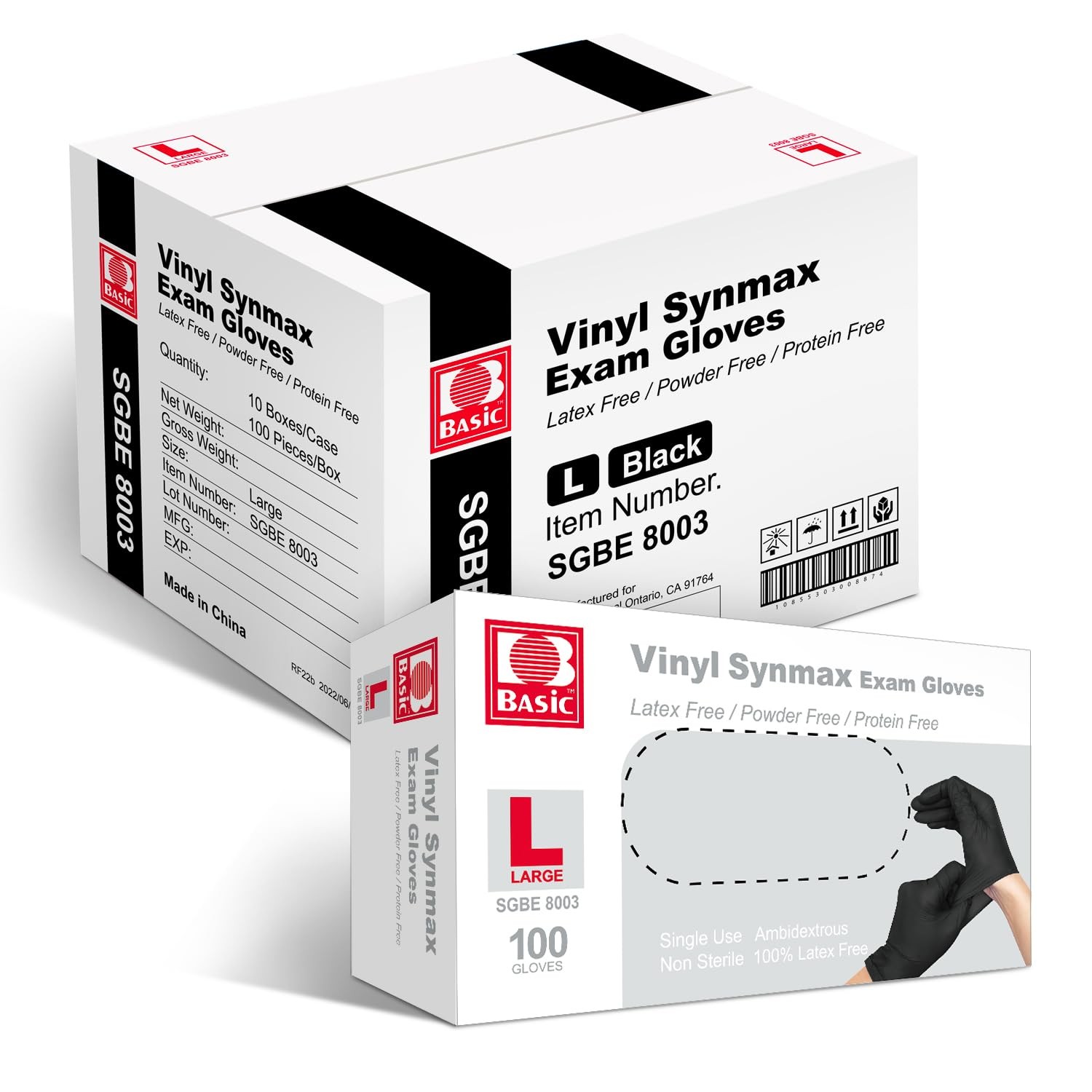 Basic Disposable Medical Synmax Vinyl Exam Gloves Large (Pack of 1000), Black