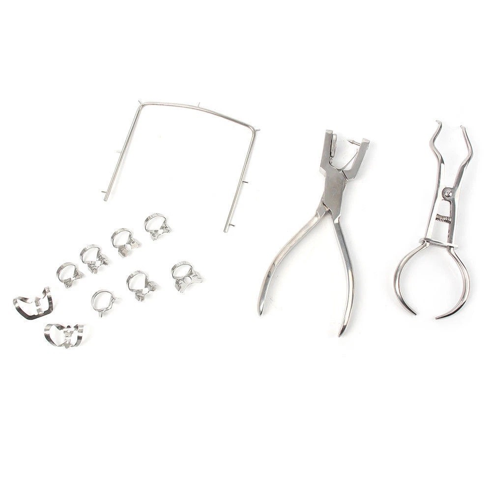 Dental Lab Rubber Dam Frame Punch Template Clamps Forcep Plier Instrument Kit