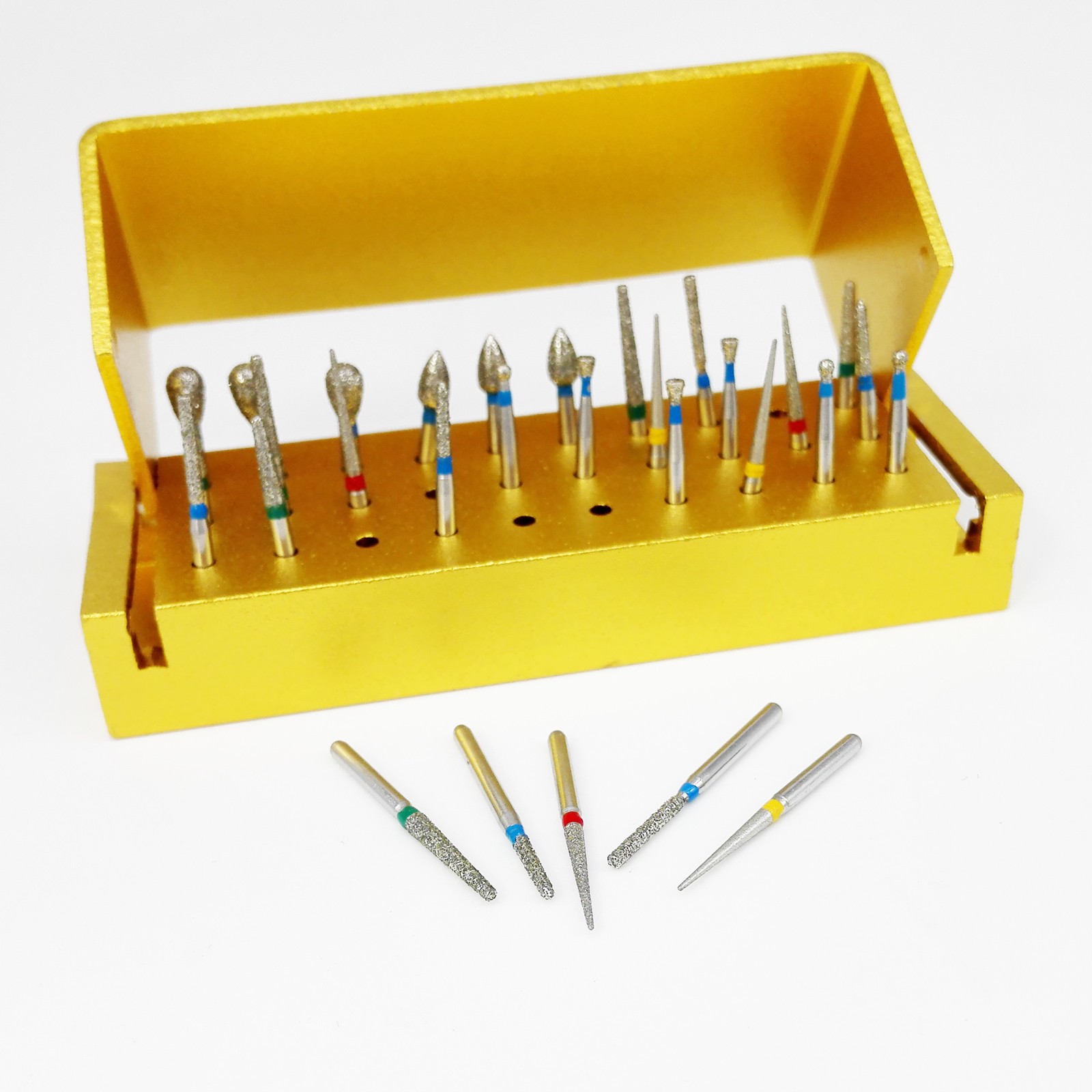 30 Pcs Dental Diamond Burs Drill + Disinfection Bur Block High Speed Handpiece