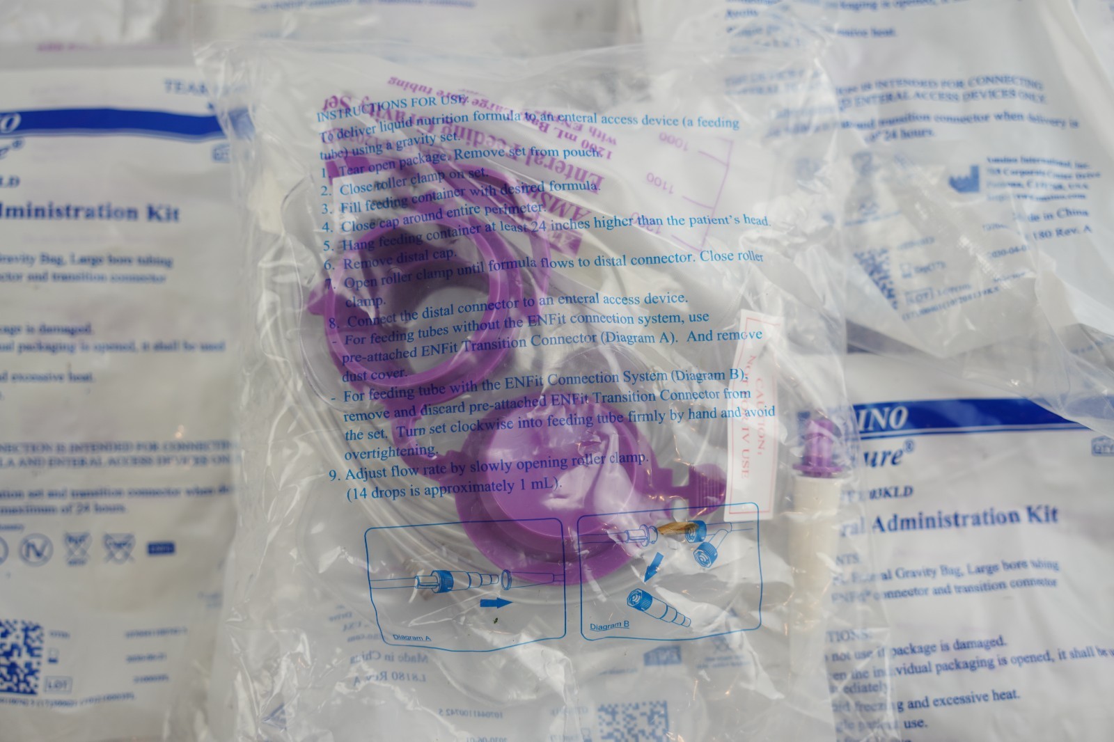 (Lot of 10) Amsino ENF1203KLD Enteral Feeding Pump Bag Set w/ ENFit AMSure 1200