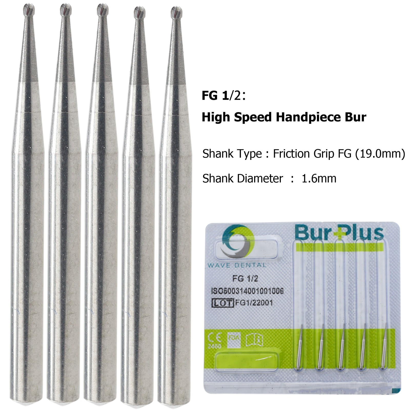 Wave Dental 1/2 Round Bur FG Carbide Bur FG 1/2 Friction Grip High Speed 19mm