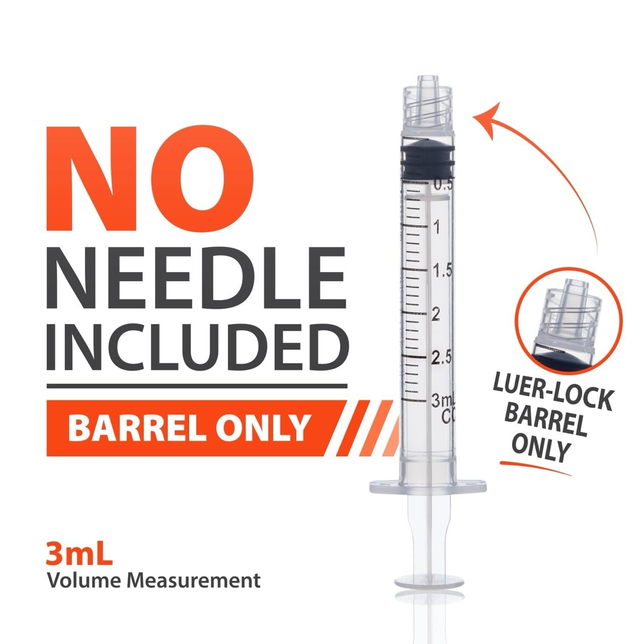 Easy Touch Luer-Lock Syringe Barrel, 3ML Syringe, Pack of 100 3 cc/ml, Orange