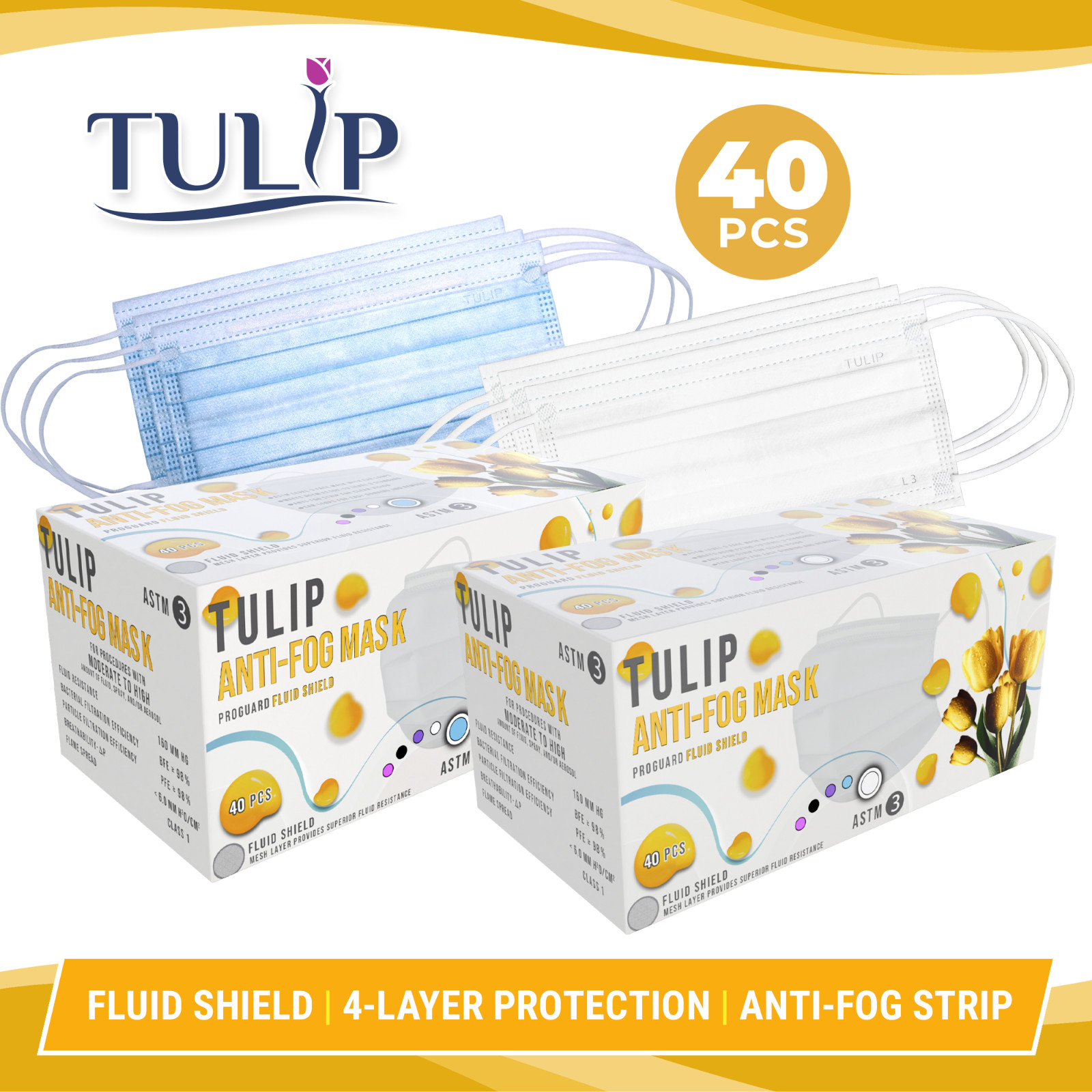 40 White 4-Ply ASTM Level 3 Masks Anti-Fog Strip Fluid Shield Protection 4 Fold