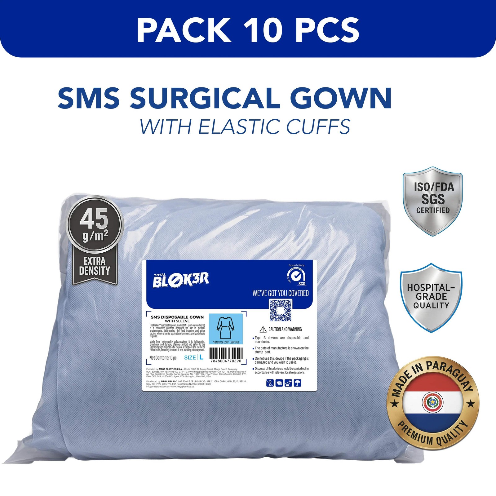SMS Surgical Gowns 1 Pack of 10 Blue Large 45gsm Elastic Cuffs Disposable