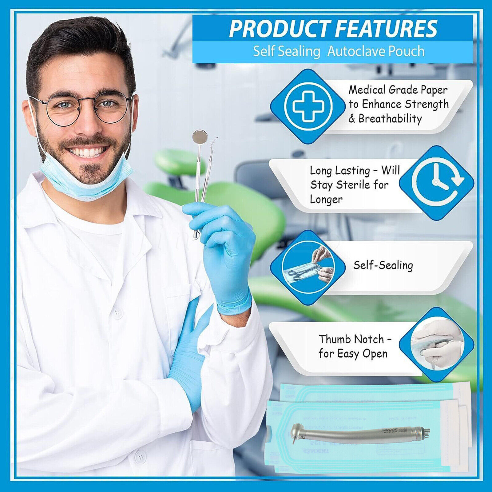 200 Self-Sealing Sterilization Pouch, 3.5″ x 10″ Paper/Blue Film (1 Box)