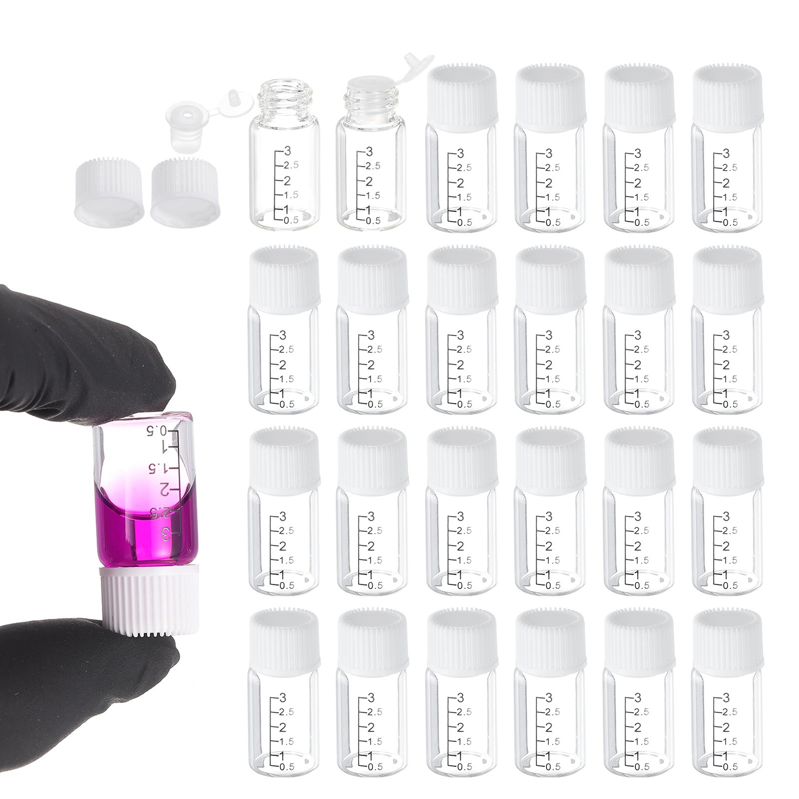 24 Pcs Clear Glass Graduated Vials, 3ml Small Liquid Sample Vial, White