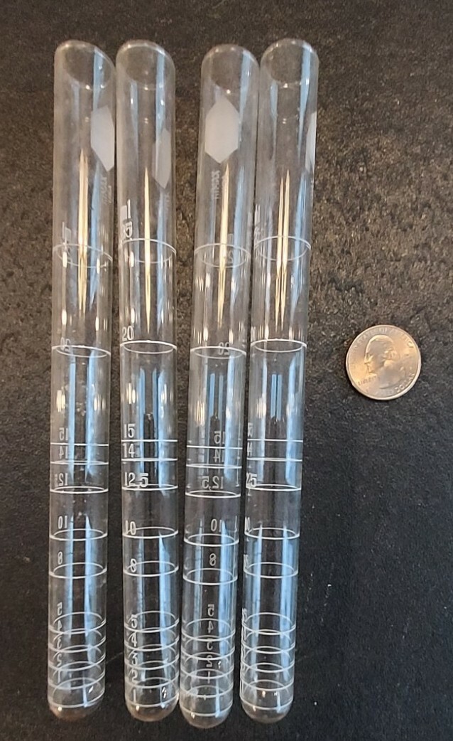 Kimble Kimax Graduated Tubes set of 4. Each marked from 1 ML to 25 ML