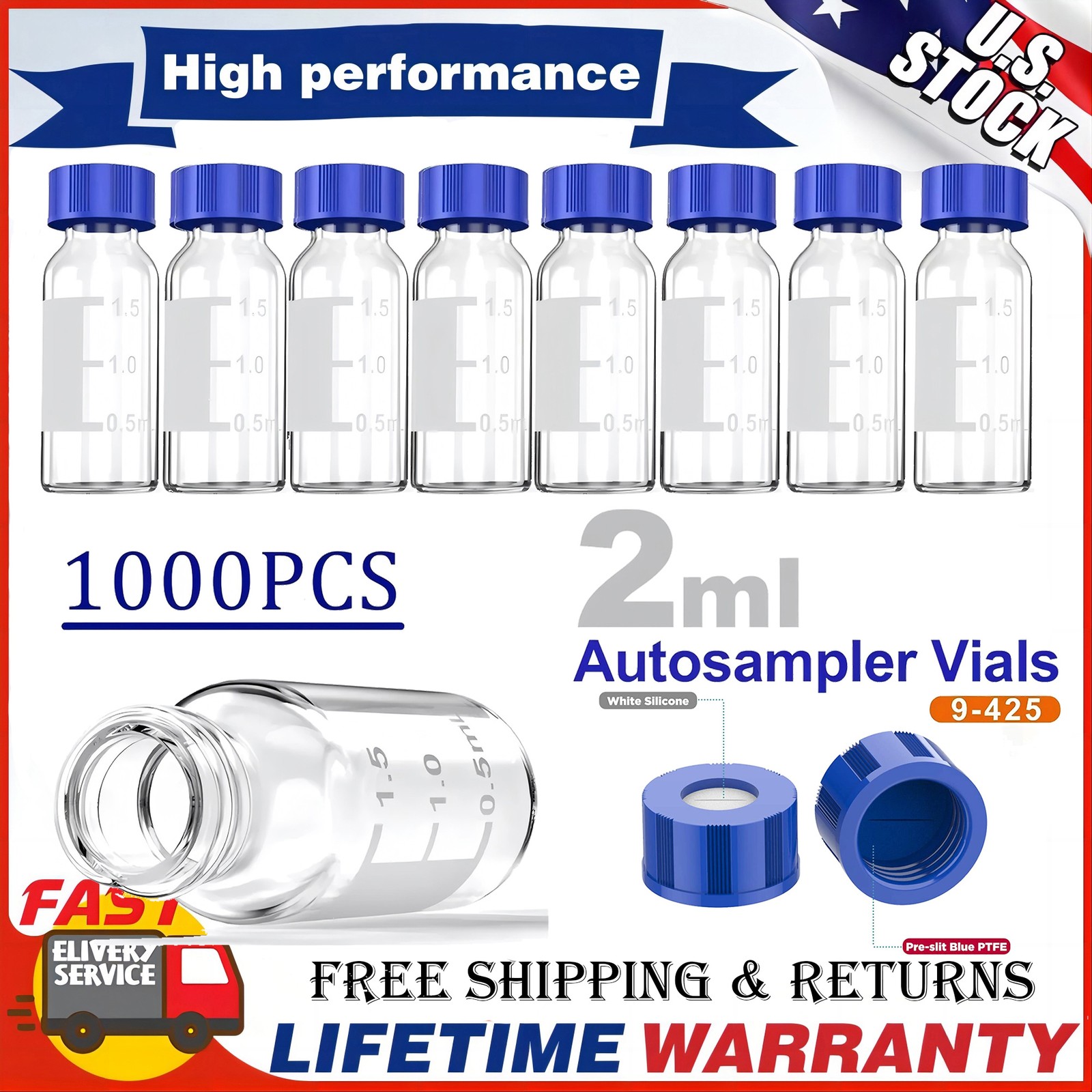 1000PCS 2ml Autosampler Vials Pre-slit 9-425 Screw Caps Clear Glass Writing Area