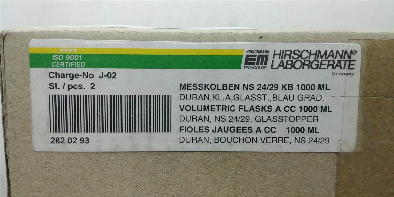 Schott Duran 1000ml Hirschmann Laborgerate Volumetric Flask A CC Qty 2