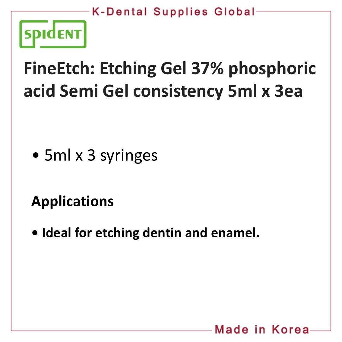 Spident FineEtch(37% Etching Gel) 5ml x 3ea