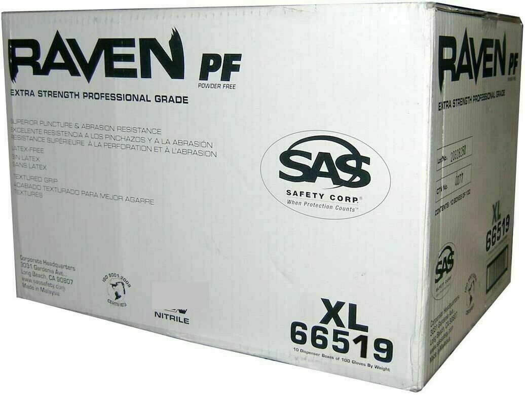 SAS RAVEN 66519 Powder-Free Black Nitrile Gloves CASE (10 BOXES) X-LARGE