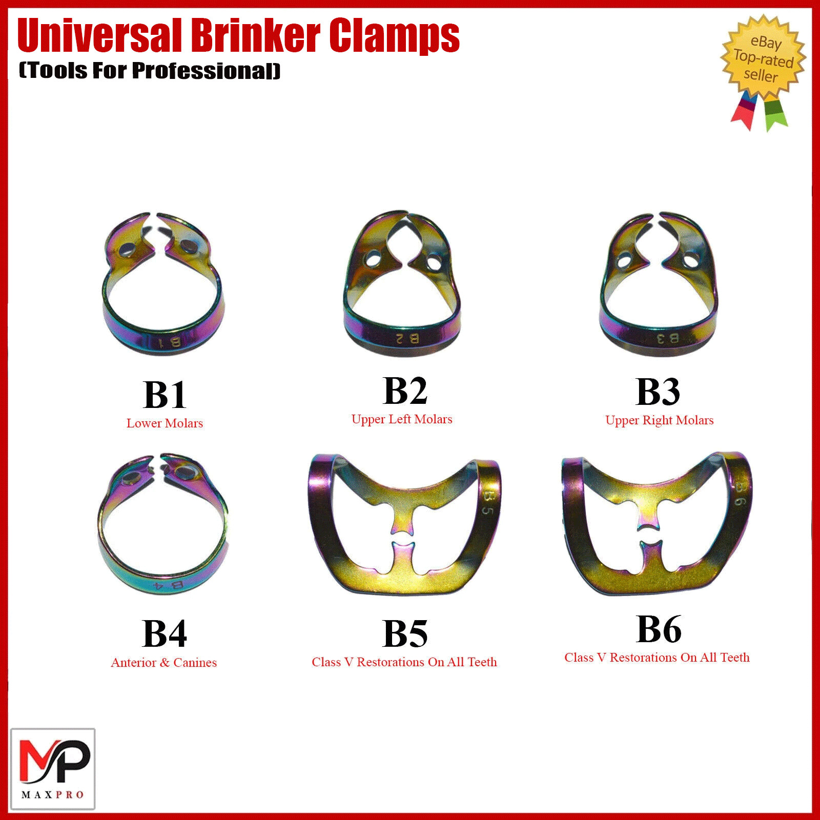 Universal Brinker #B4 Dental Clamp Set – 6pcs Rubber Dam Retractors for Premolar