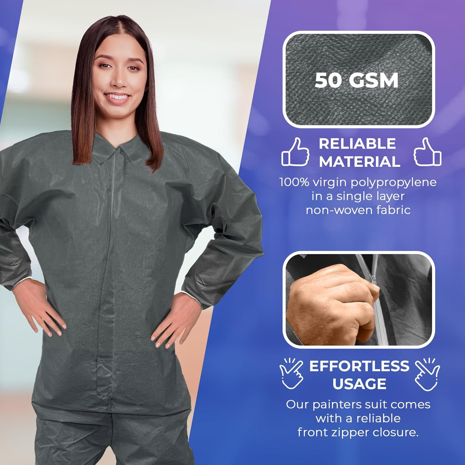 Disposable Polypropylene Coveralls, 2X-Large, Gray, 5 Pack, 50 GSM Nonwoven Pain