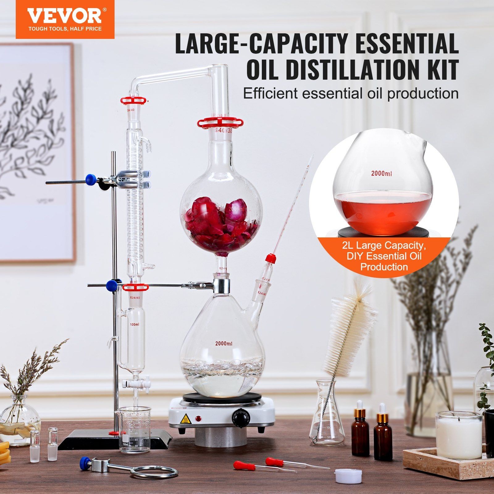2000ml 1000W 24/40 Joint Borosilicate Glass Distillation Kit & 28-Piece Set