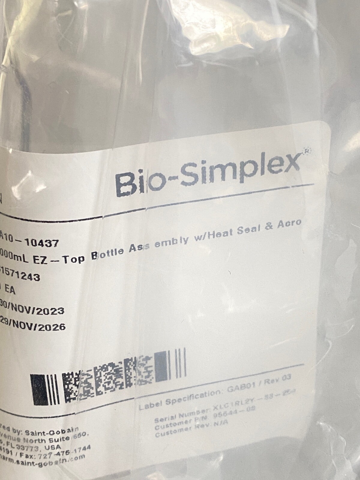 SAINT-GOBAIN Bio-Simplex 2L EZ-Top Bottle Assembly Tube Sealed End SA1010437