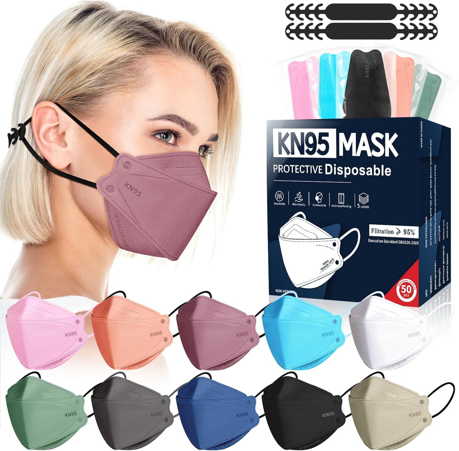 KN95 Face Masks Disposable Adults – 50 Pack 5 Layer Protection Dust Breathable