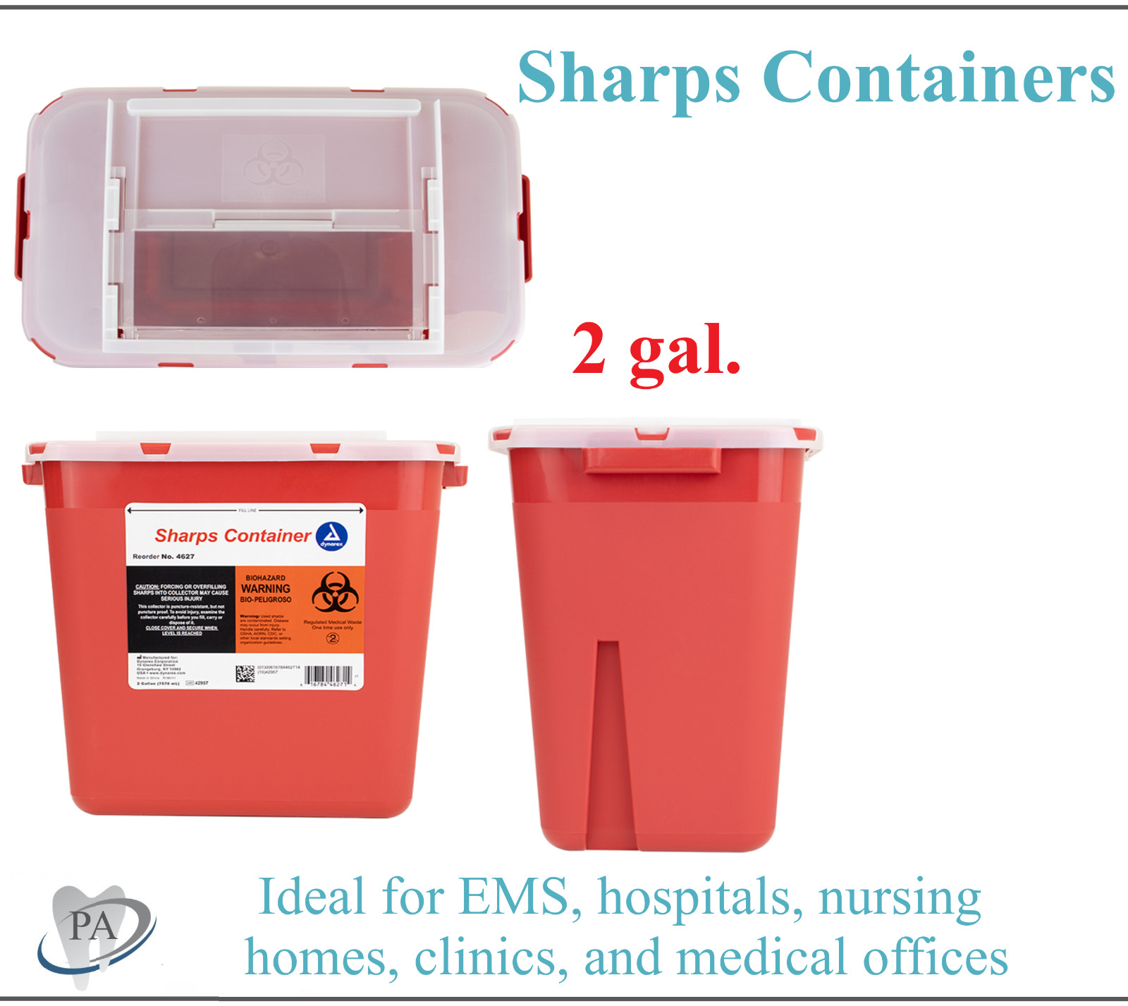 Sharps Container 2 gal. Biohazard Needle and Syringe Disposal with Lock Lid 4/Pk