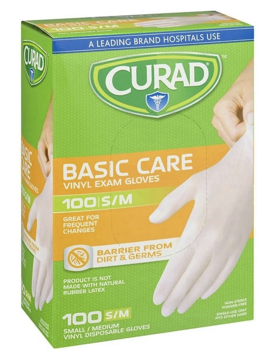 CURAD Basic Care Vinyl Exam Gloves, Size Small & Medium/ 100 Gloves New Box