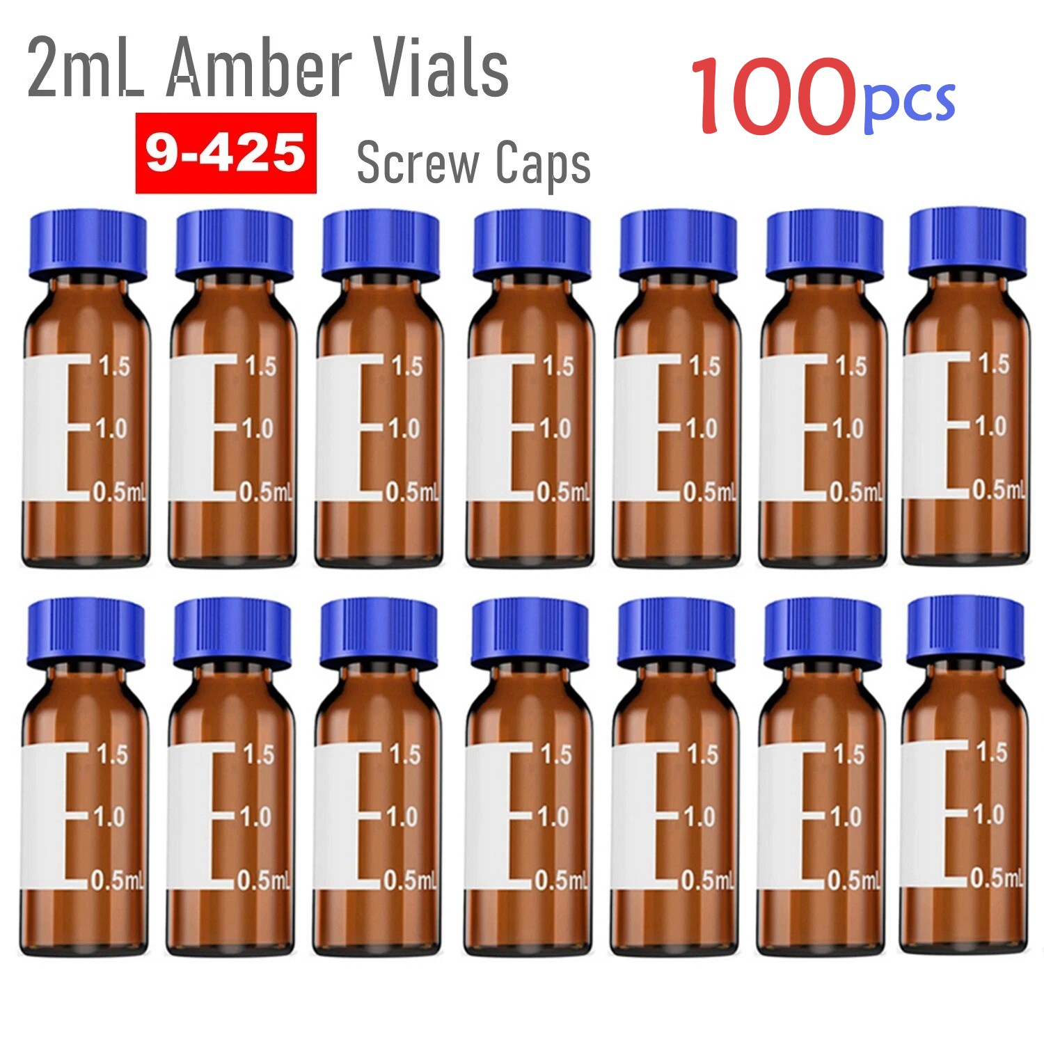 100pcs 2ml Glass Vial Amber Lab Vial Autosampler Vial 9-425 HPLC with Screw Caps