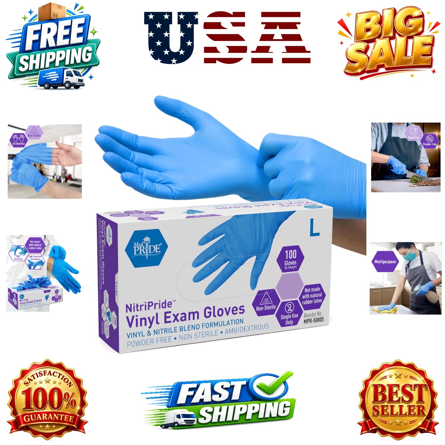 Nitrile/Vinyl Blend Exam Gloves, Powder-Free, Latex-Free, Disposable, Non-Ste…