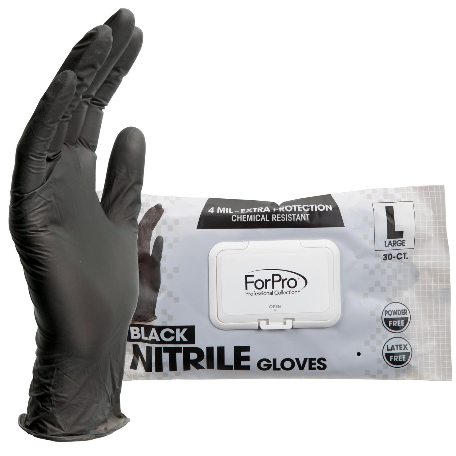 ForPro Black Nitrile Gloves, Chemical~Resistant, Powder~Free, Large, 30 Count