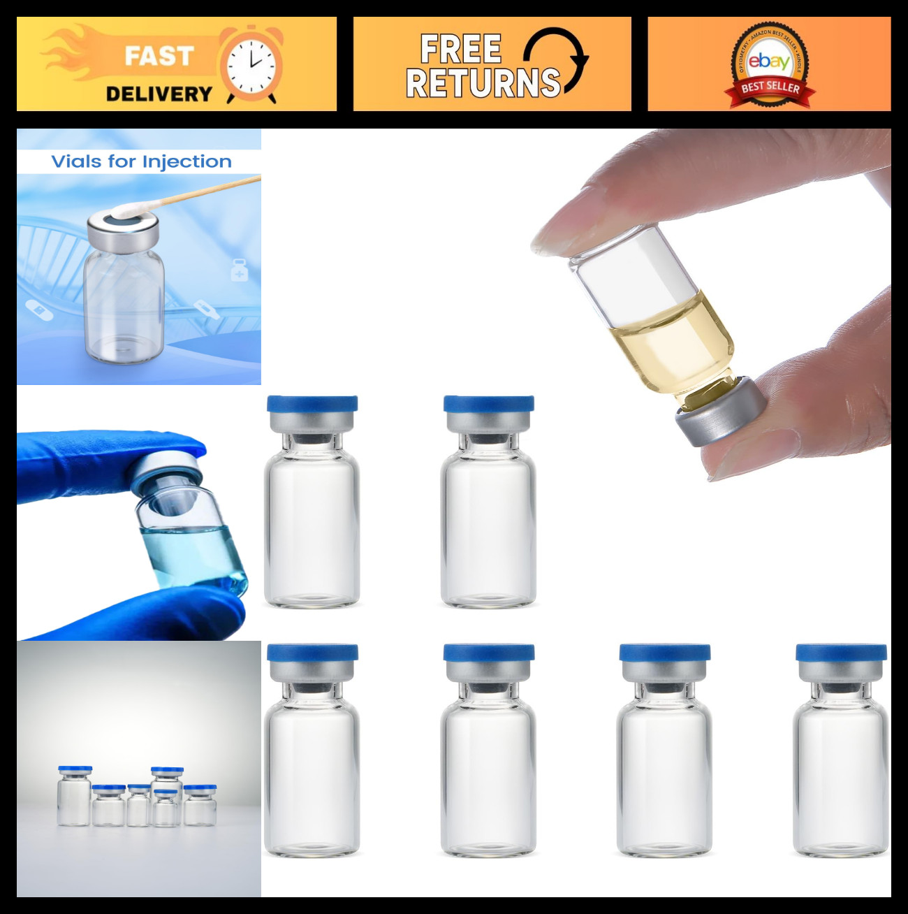 Sterile 3ml Glass Injection Vials with Self-Healing Port – 50 Pack, Sealed Caps