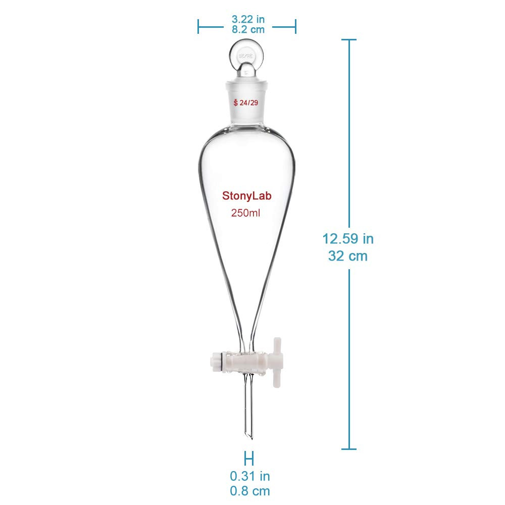 PTFE Stopcock Separatory Funnel 250Ml, Borosilicate Glass Heavy Wall Conical Pea